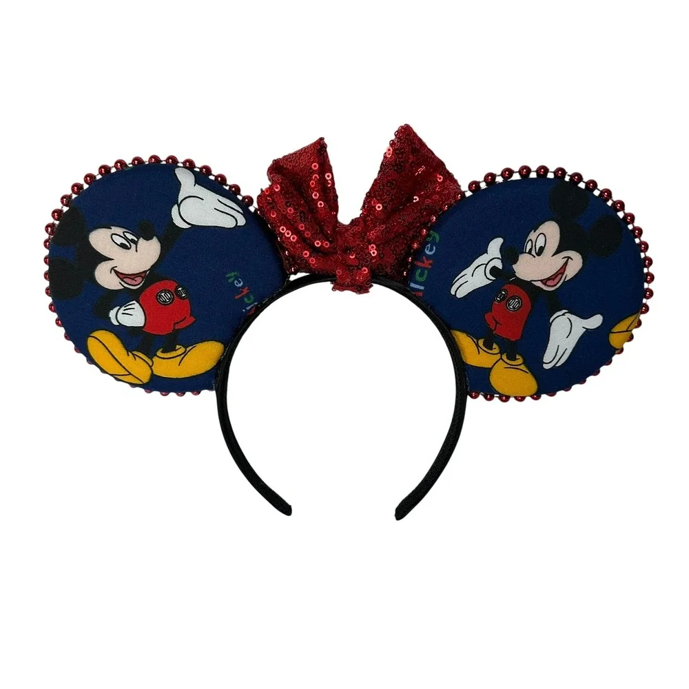 Mickey Mouse Ears Headband Red Sequin Bow Blue Character Print Disney Accessory